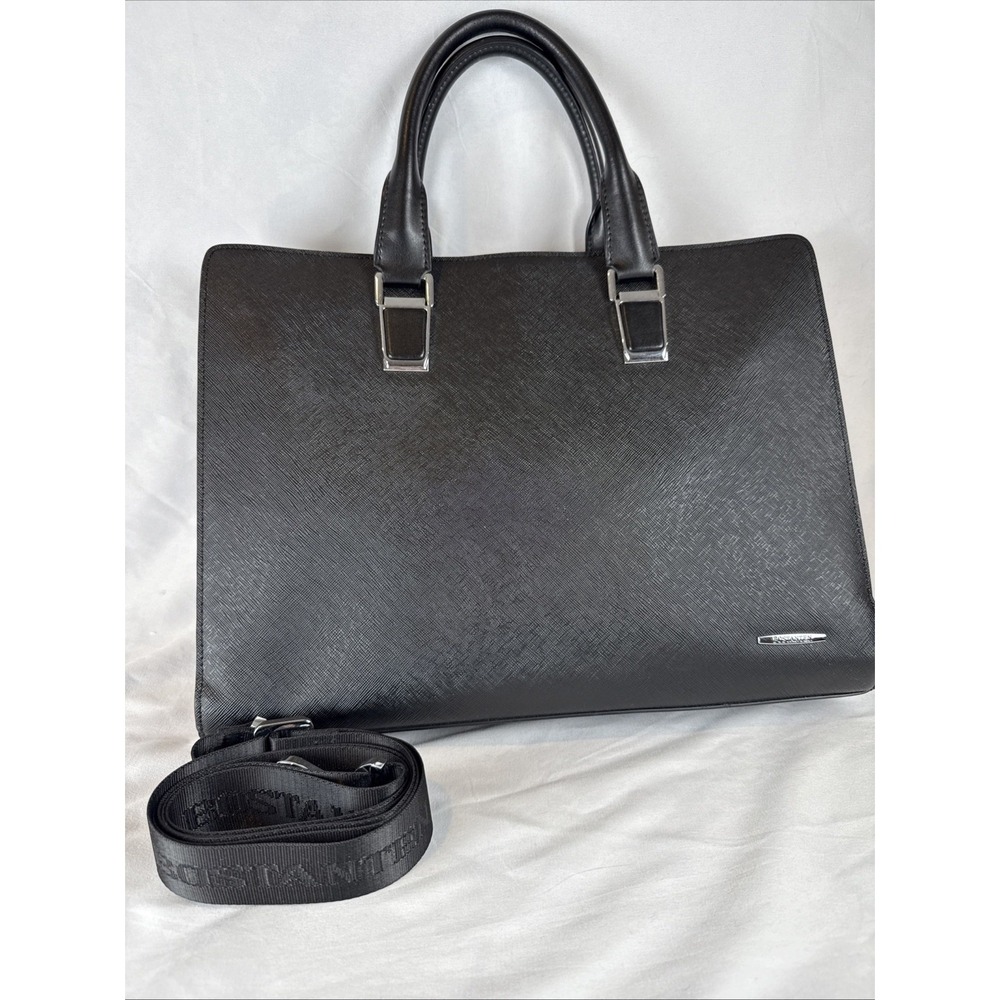 BOSTANTEN Saffiano Leather Briefcase Laptop Bag Black Tan Shoulder Strap Tote